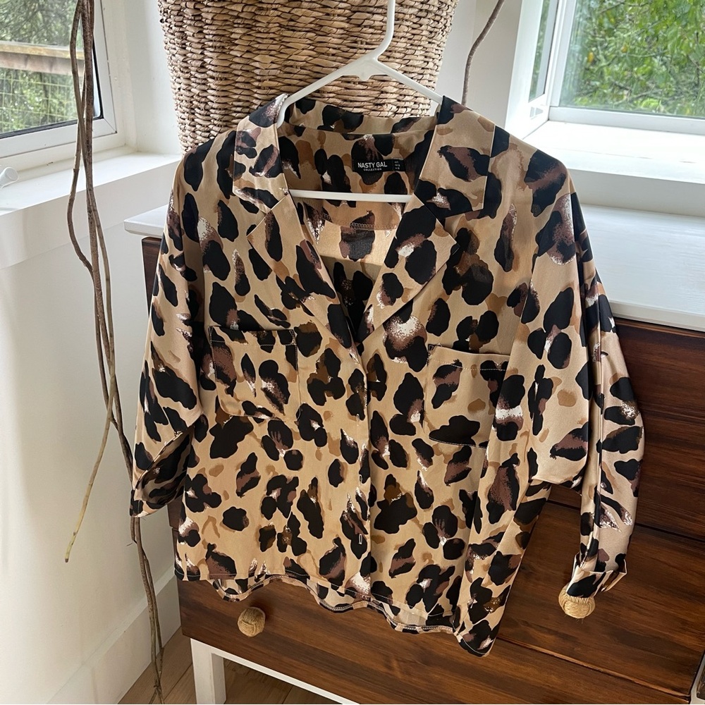 Nasty Gal Satin Leopard Print Blouse